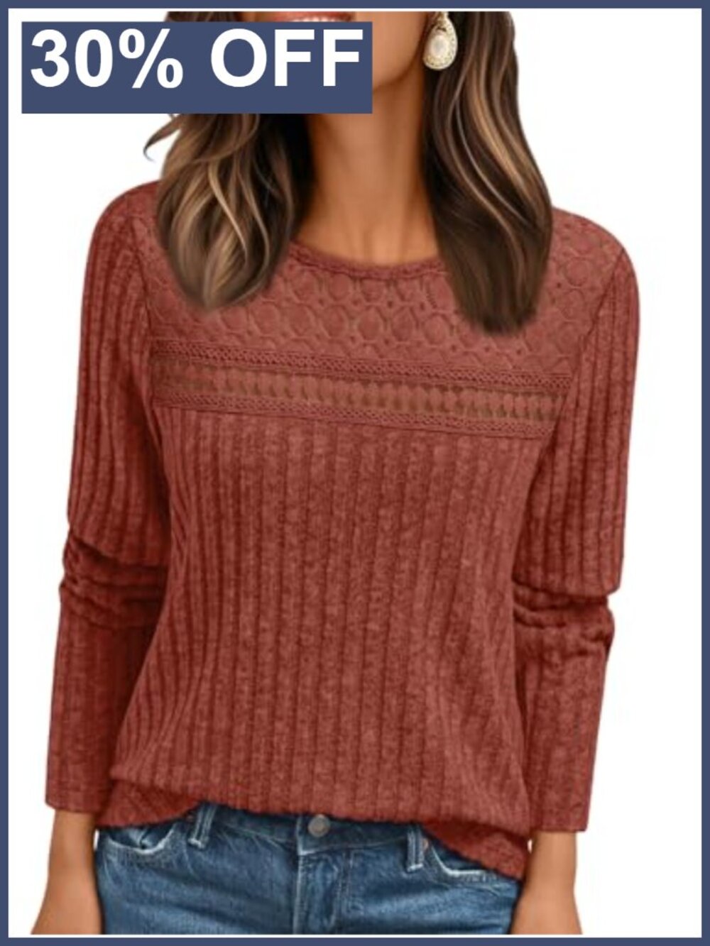 Womens Lace Long Sleeve Top Lightweight Ribbed Pullover Crew Neck